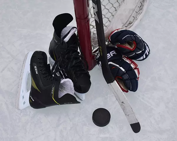 Hockey glove stick and puck